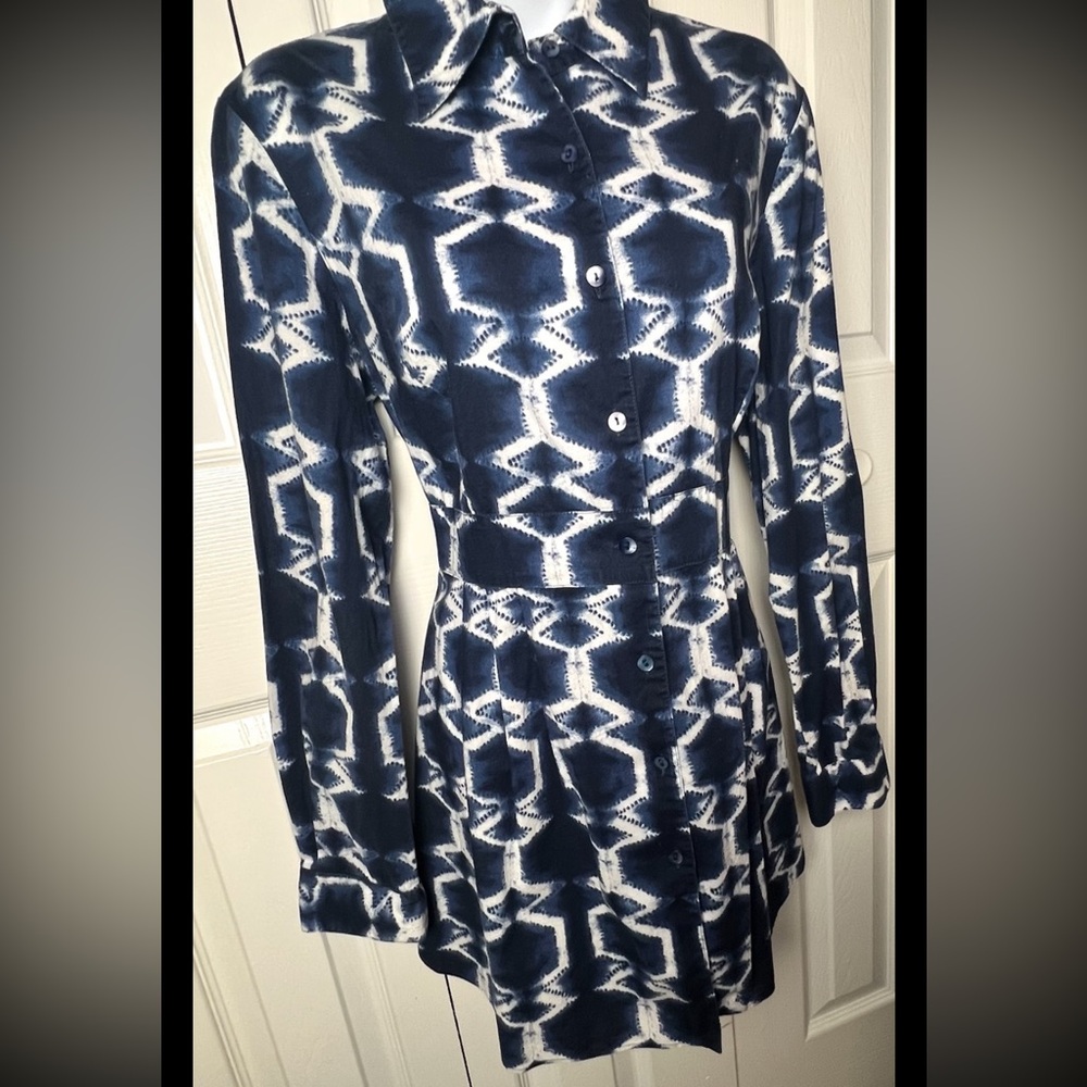 LAFAYETTE 148 Blouse Tunic Ikat Navy Blue White Button Down Long Sleeve - Picture 7 of 11